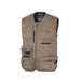 A multi-pocketed beige work vest, sleeveless jacket or gilet. Shows the front profile of the jacket.