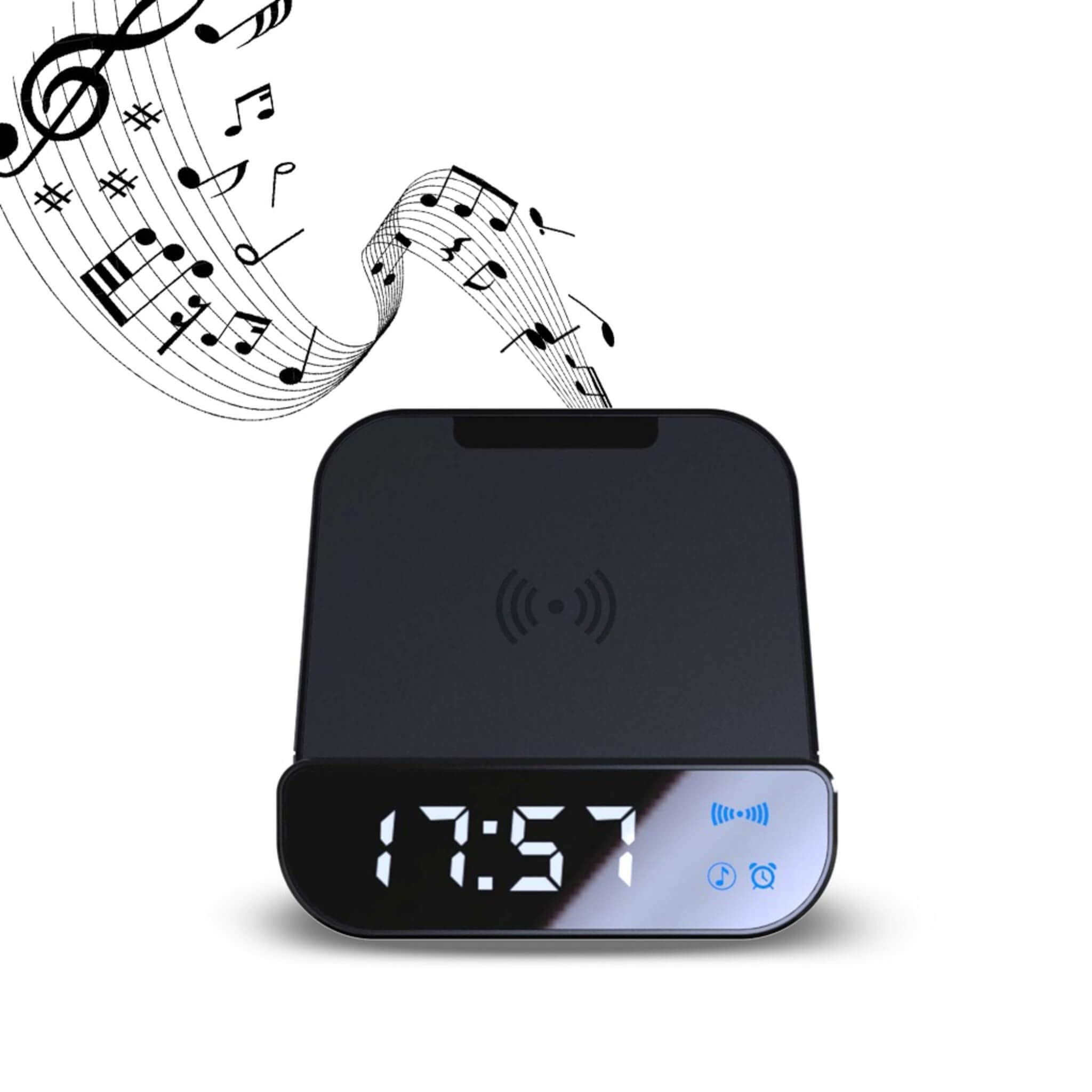 5 Watt Speaker 4000mAh Wireless Powerbank and Alarm Clock playing music