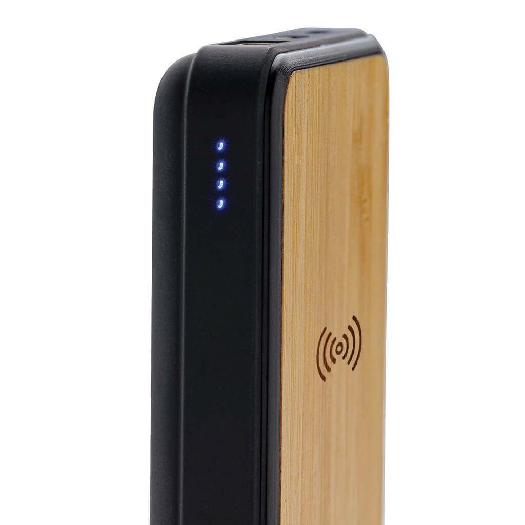 Bamboo Anti-microbial Wireless Powerbank Showing Indicator lights