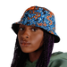 Female model wearing a custom made colourful bucket hat