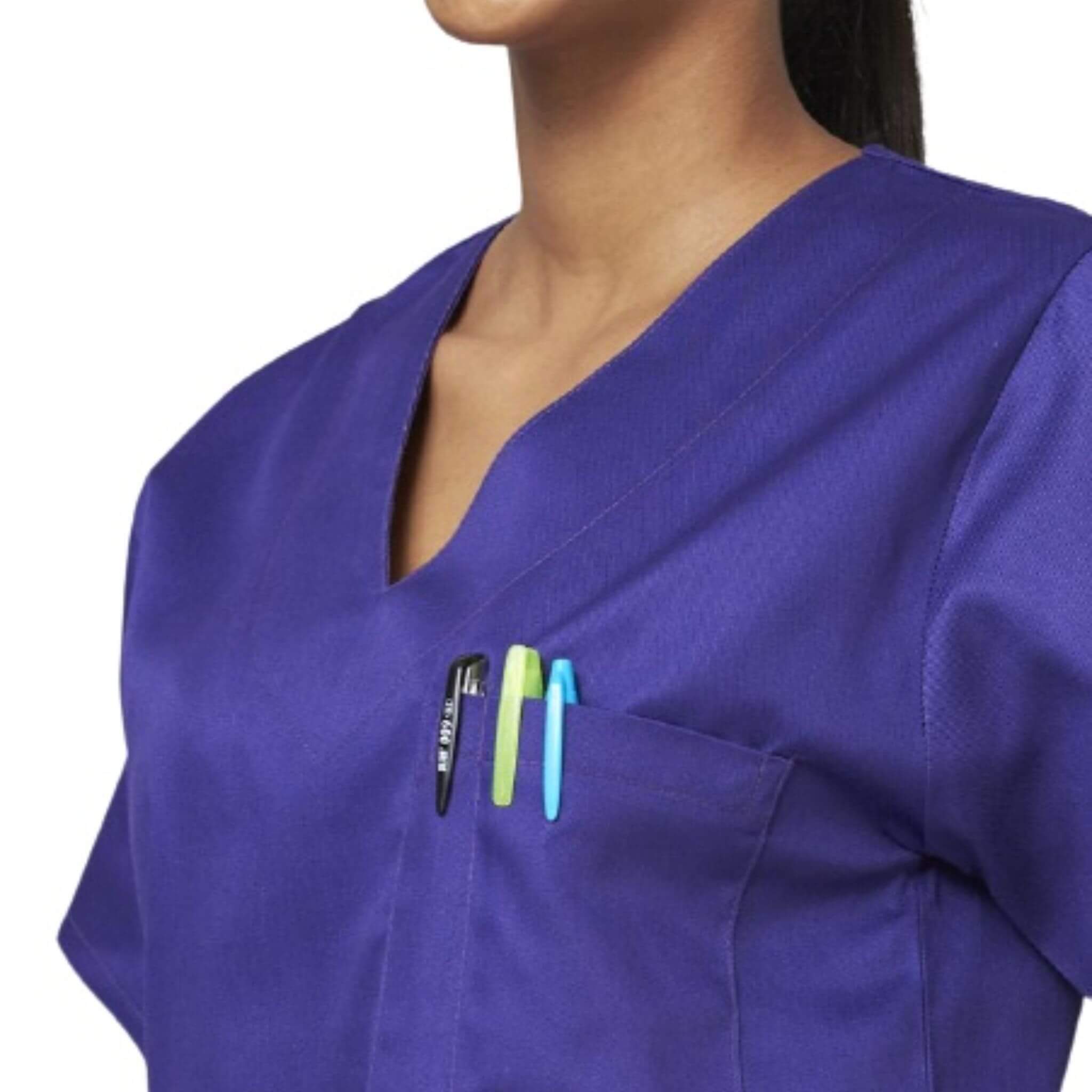 Close-up torso woman wearing purple scrub top
