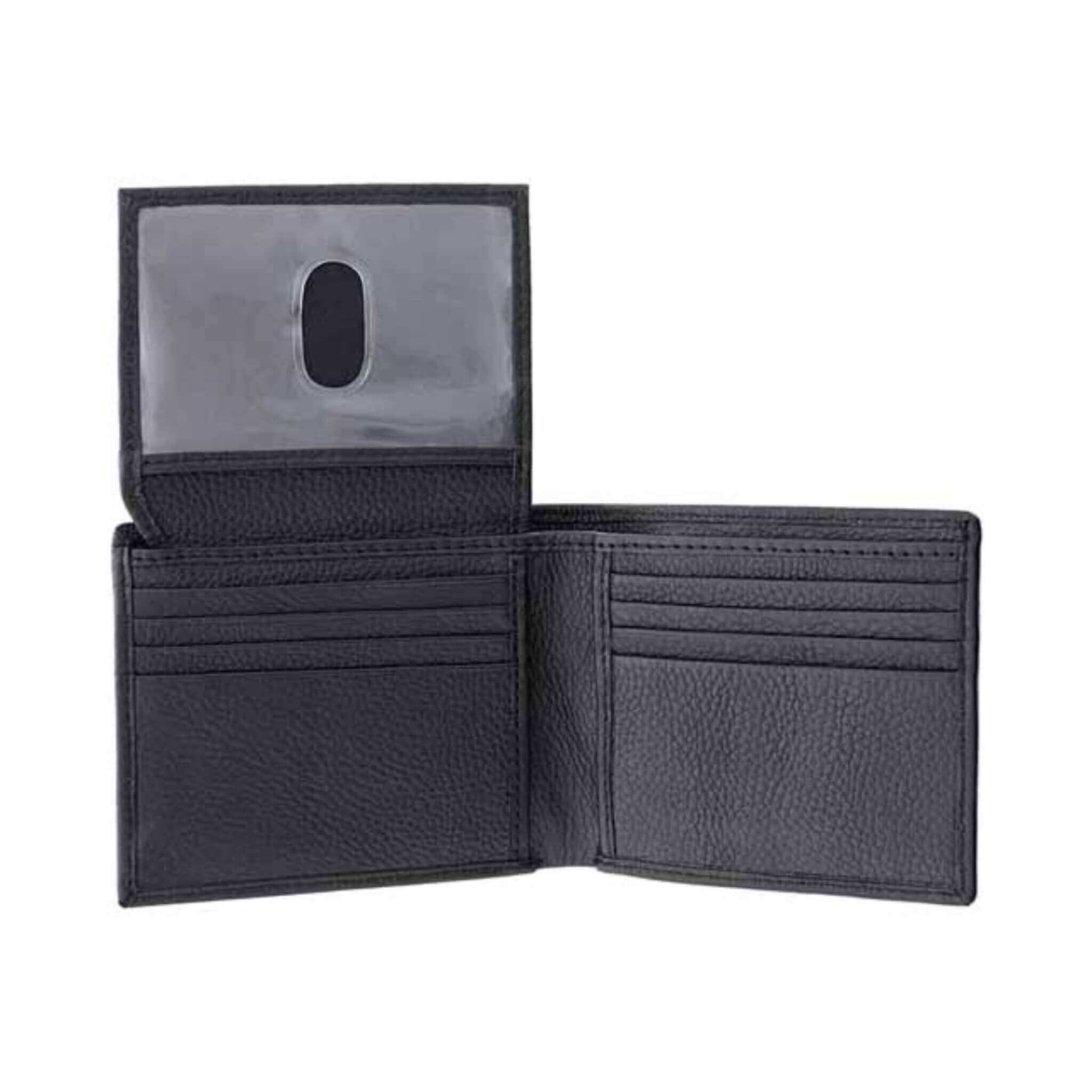 Open empty black wallet showing pockets and transparent sheath