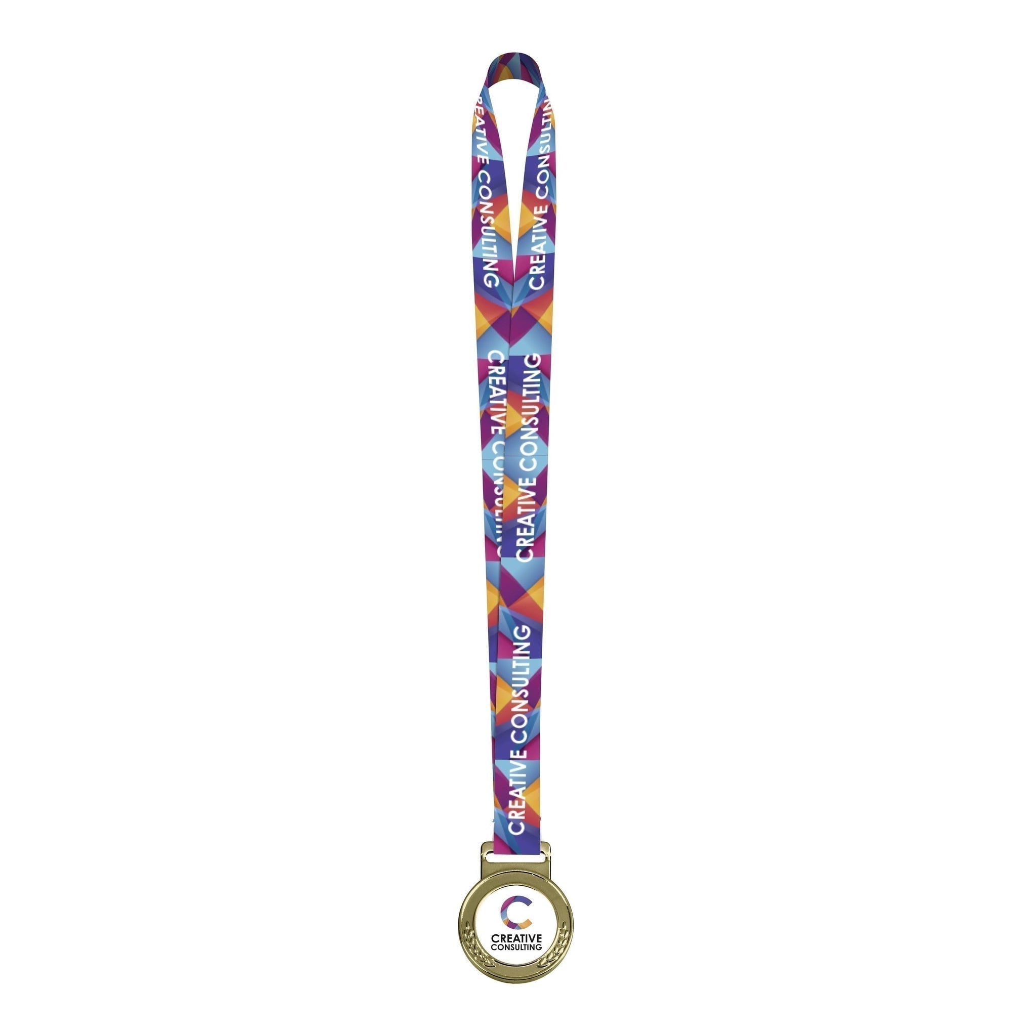 A fully branded gold or bronze medal award attached a colorfully customized satin lanyard with the words, Creative Consulting on it