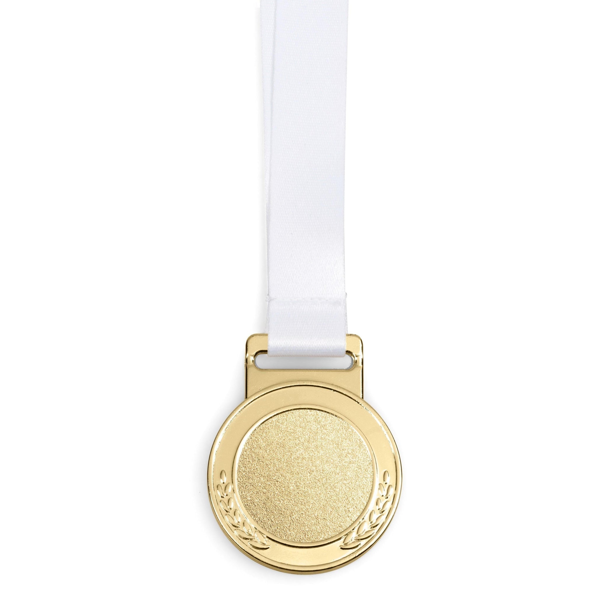 Close up of a plain medal award attached to an unbranded white satin lanyard.