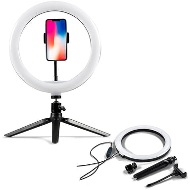 A ring light shown standing with a mobile phone and a disassembled version.