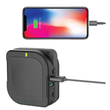 All-in-one Travel Adapter, Bluetooth-Speaker & Powerbank Charging a mobile phone via a cable