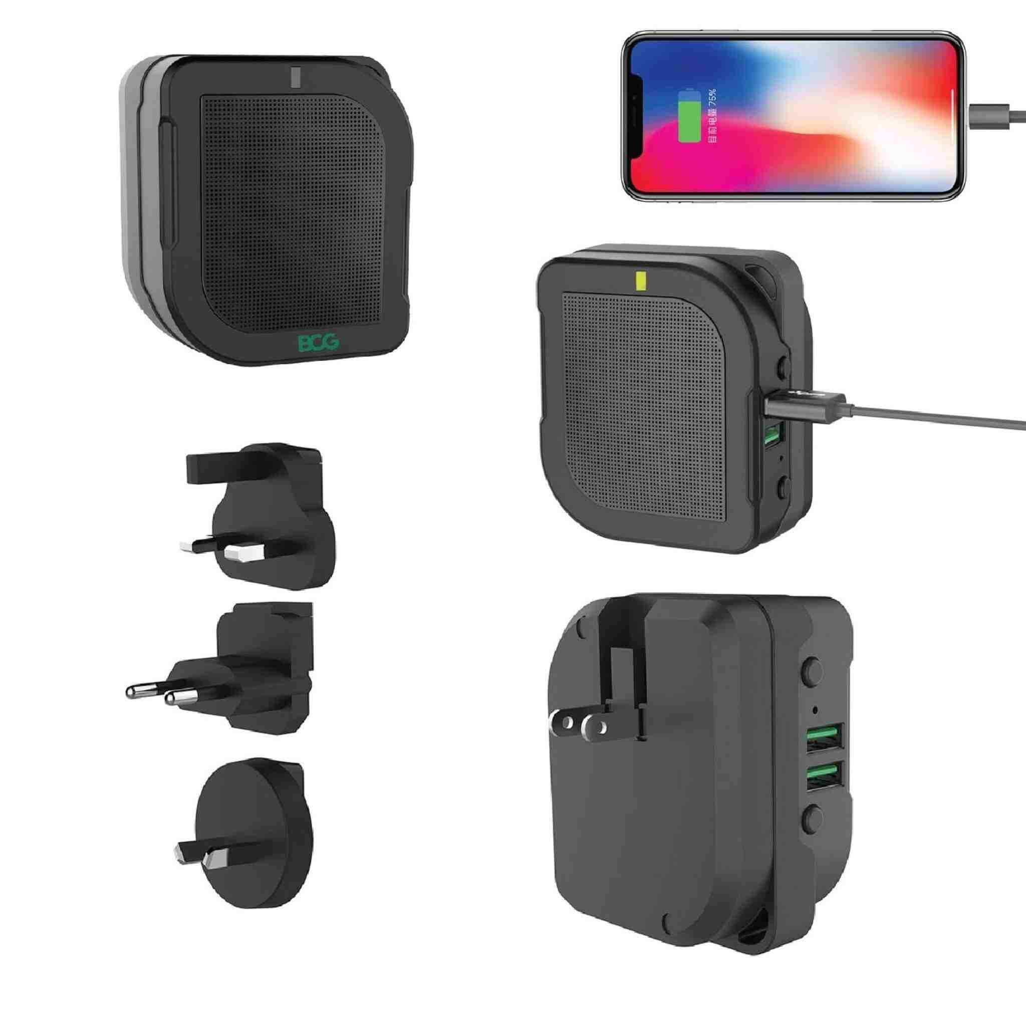 All-in-one Travel Adapter, Bluetooth-Speaker & Powerbank Showing all components
