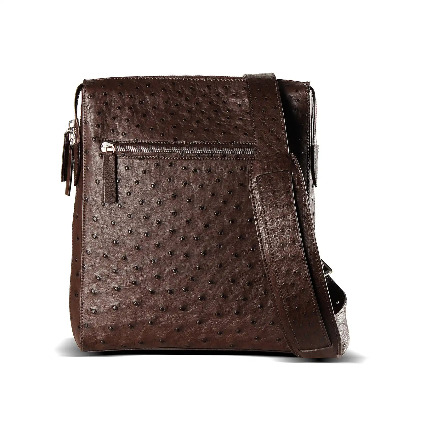 A dark brown messenger bag made of genuine ostrich leather with a textured, bumpy surface, featuring a zippered front pocket and a wide, adjustable shoulder strap.