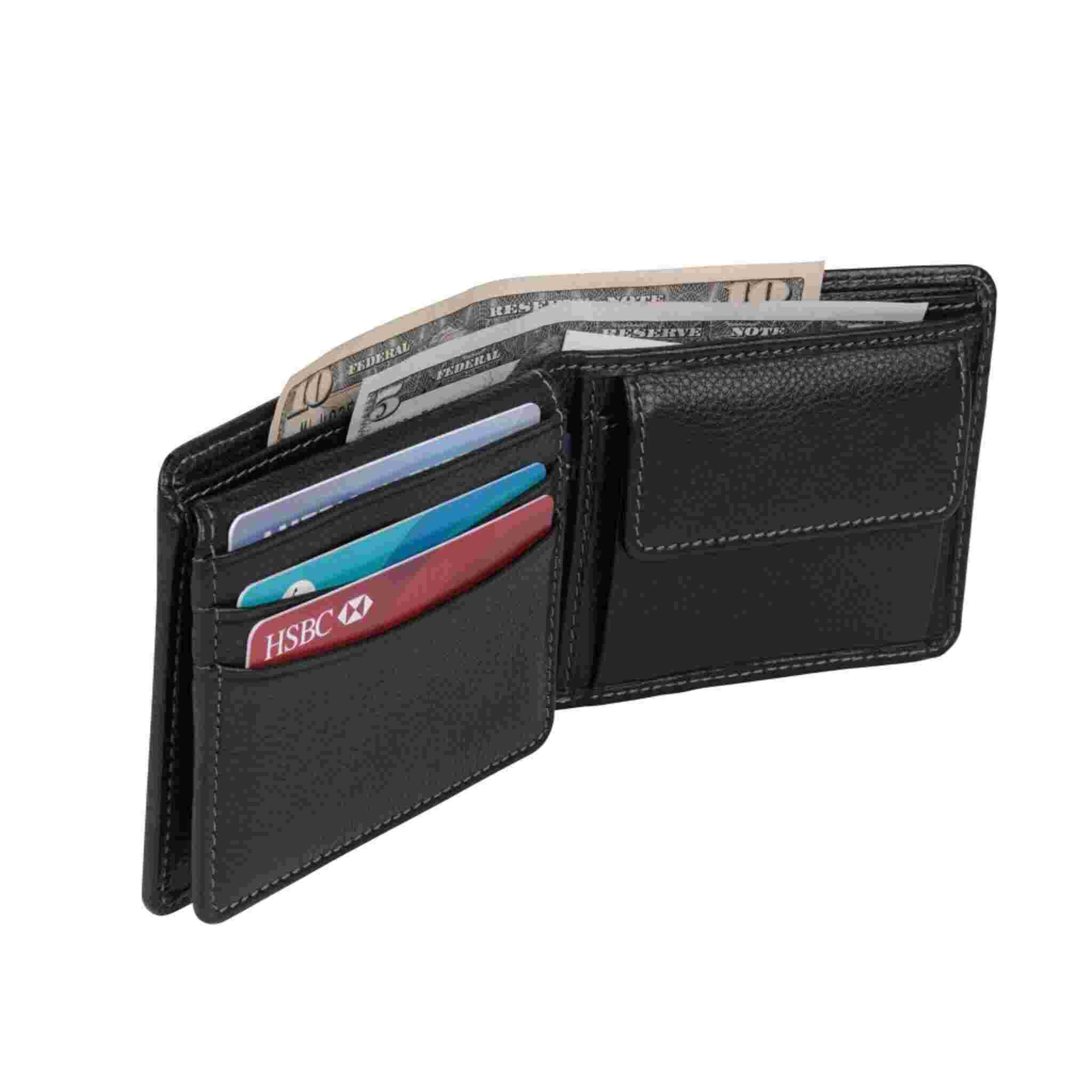 Open black wallet showing cash section and card holders with sample cards and cash