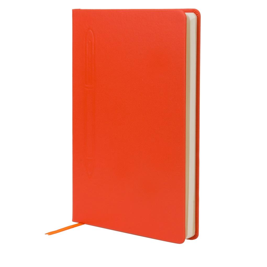 Red notebook front view showing page edges and bookmark