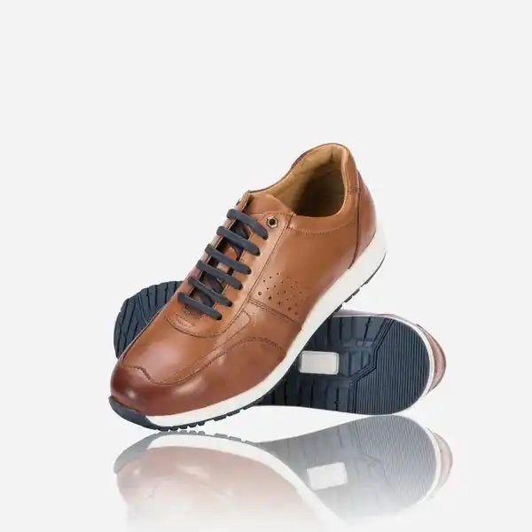 A pair of brown leather men’s sneakers with dark laces and white soles.