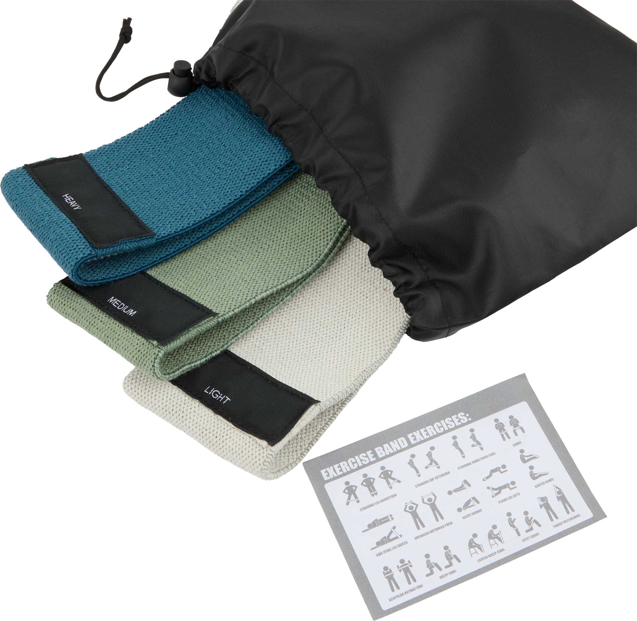 Set of exercise bands in a black drawstring bag with an exercise guide on a white background