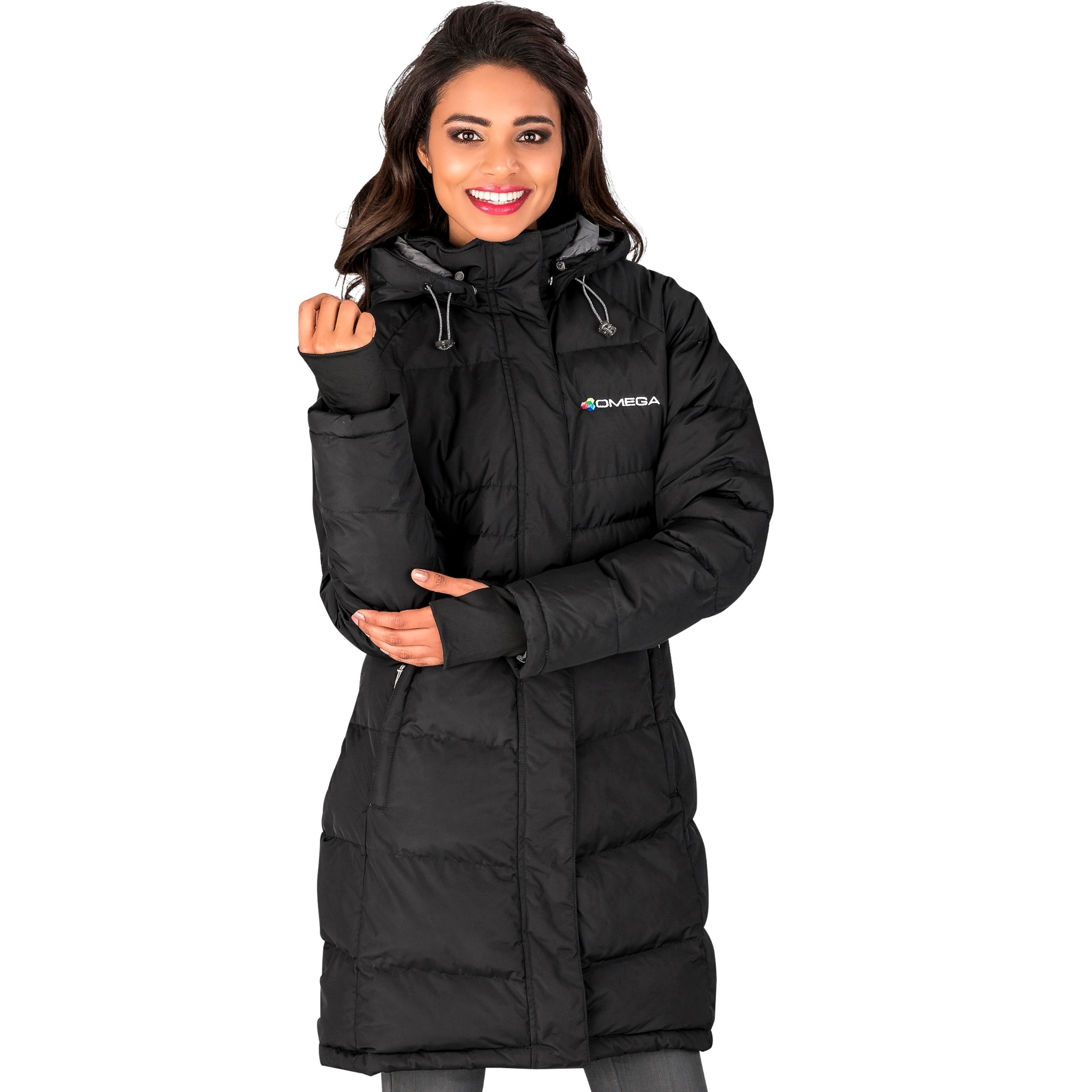 smiling woman wearing a knee-length insulated black jacket